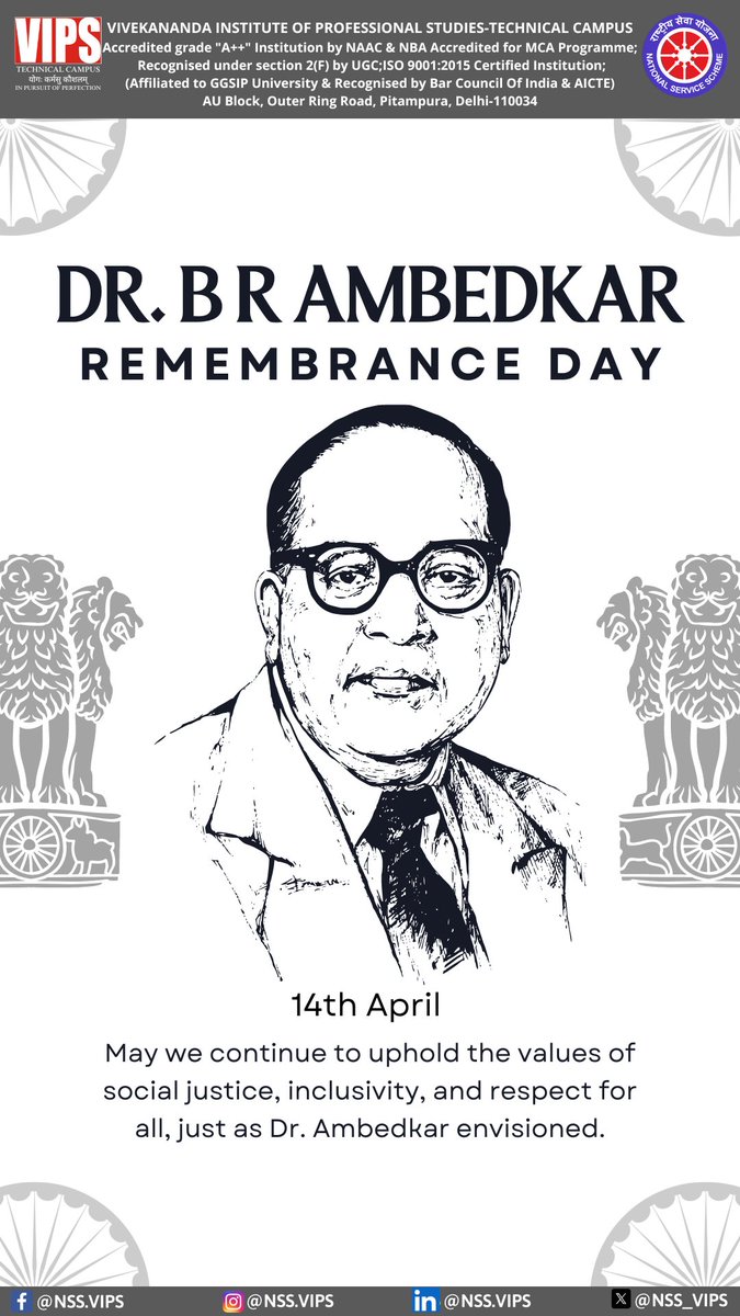 nssggsipuvipstc's tweet photo. NSS Vips pays homage to Dr. B.R. Ambedkar on #AmbedkarJayanti. His legacy of equality and social justice continues to inspire us. ✊🇮🇳

#SocialWork #EqualityForAll #JaiBhim #NSS #NSSVIPS #VIPSDELHI https://t.co/ij54zUu69H