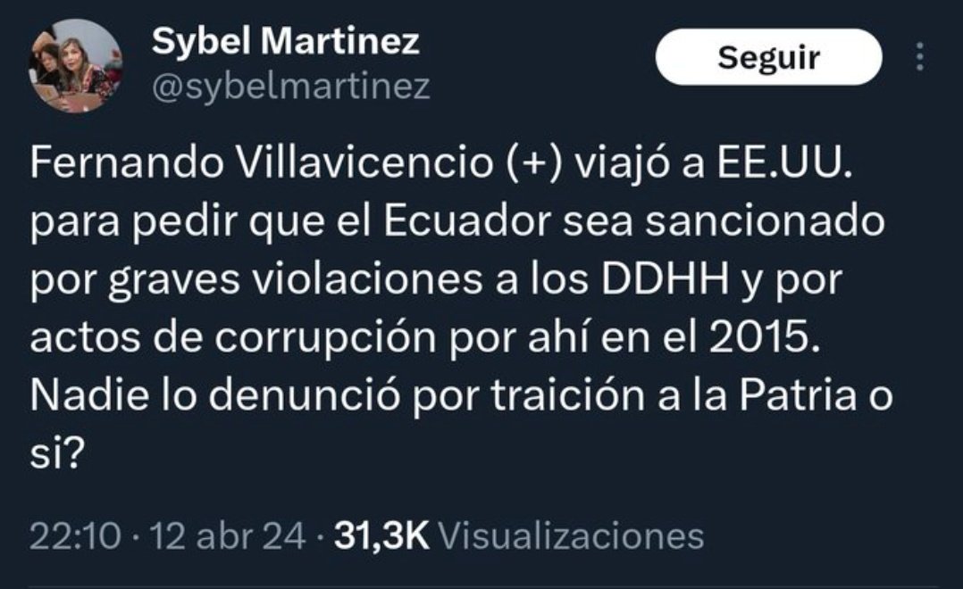 Lo que @sybelmartinez no dice, es que pidió a EEUU que revisen los casos de CORRUPCIÓN del Ecuador, ya está pasando con todo lo que vomitan en el juicio de Polit.
Tranquila querida, que Villavicencio solo quería denunciar a los delincuentes que tú defiendes