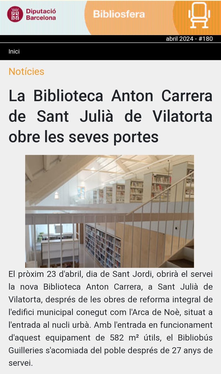 🗞️ El butlletí Bibliosfera, que recull les novetats i informacions de les biblioteques i d'allò que les envolta, parla de la propera obertura de la Biblioteca Anton Carrera de Sant Julià de Vilatorta. 🙋🏻‍♀️ Feu una ullada! 🔗 tuit.cat/aXz3n