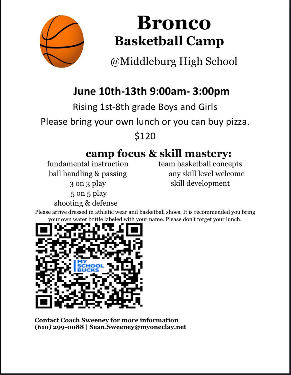 🚨It’s that time of the year! Mark your calendar, sign up today. The most affordable basketball camp in the area! 🚨
We have another camp July 8-11th. More info to come. 

myschoolbucks.com/ver2/prdembd?r…