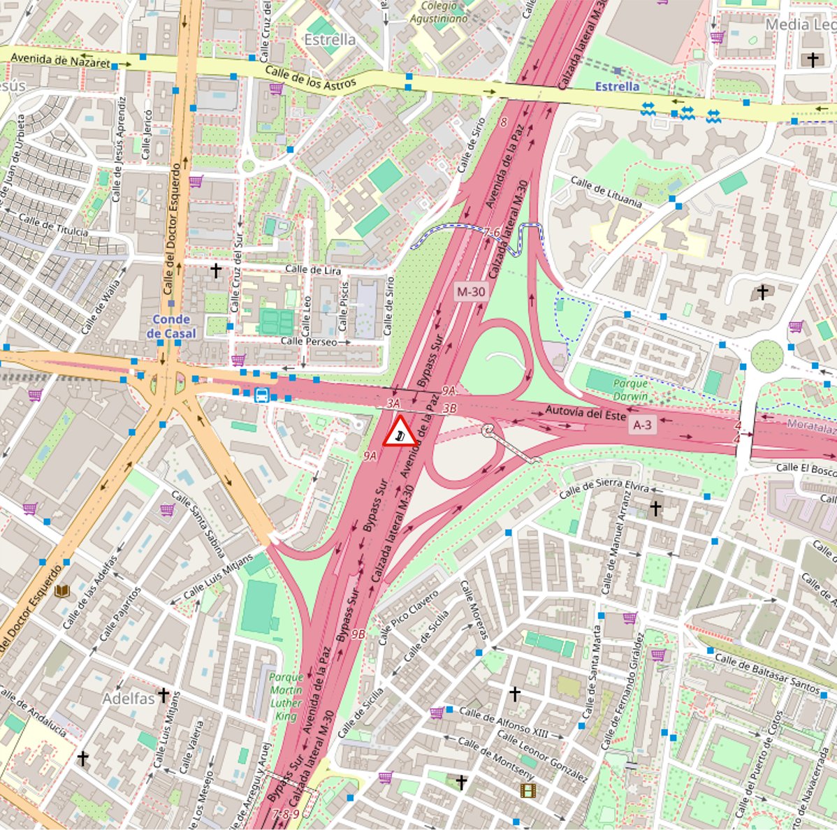 cgm_madrid's tweet photo. ⚠️Se ha producido un accidente en #M30, en la zona de avenida Mediterráneo. Ha sido 🚧 cortado el carril izquierdo de la calzada interior lateral (sentido A-4). Se produce una retención hasta O´Donnell. @Calle30Madrid https://t.co/mZ81BqBSoE