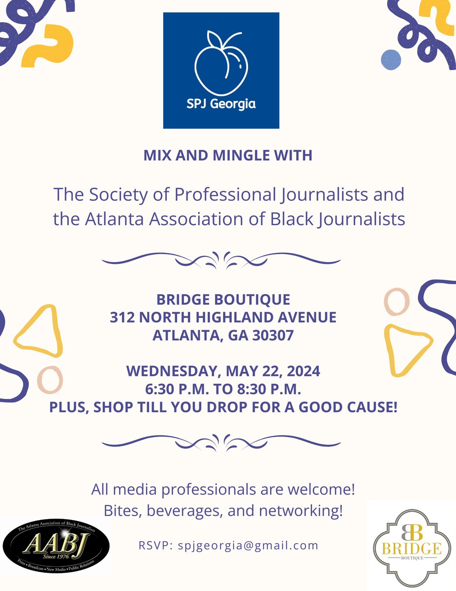 Come join us and @aabj for an evening of mingling & shopping for a good cause @BridgeBtq. A portion of all money spent will go to help our new high school scholarship initiative. RSVP by emailing spjgeorgia@gmail.com. We can’t wait to meet you! Let’s network and nibble together!