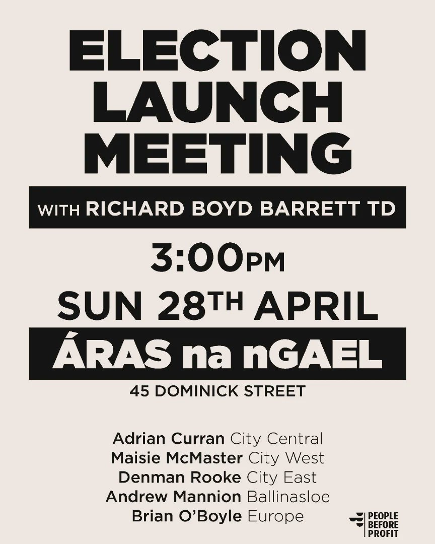 Getting posters up in town for our Election Launch Meeting on Sun 28 April at 3:00pm at Áras na nGael. Speakers include Richard Boyd Barrett TD. Adrian Curran - City Central Maisie McMaster - City West Denman Rooke - City East Andrew Mannion - Ballinasloe Brian O'Boyle - Europe