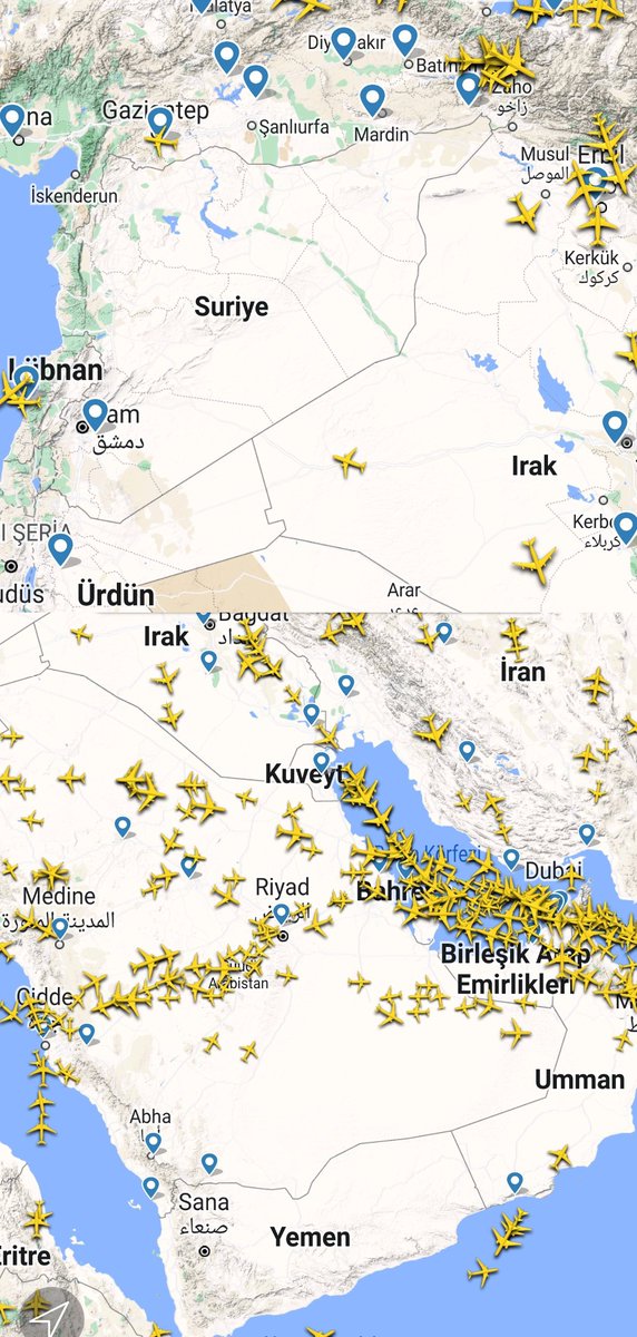 Yemen ile Suriye havasahası şuan kapalı. Hatay, Antep Urfa Diyarbakır bölgesinde havada tek uçak var. #iran #IranAttack