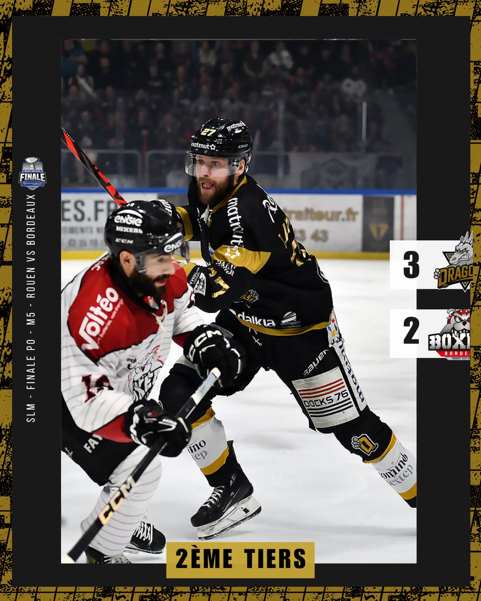 ⚡️FIN DU T2⚡️ Au terme d’un second tiers rudement disputé, les Boxers reviennent à une longueur de nos Dragons. 🟡⚫️ Encore 20 minutes pour #toutdonner ! Rouen 3️⃣-2️⃣ Bordeaux #SLM #Finale #Playoffs #Ensemble 👊