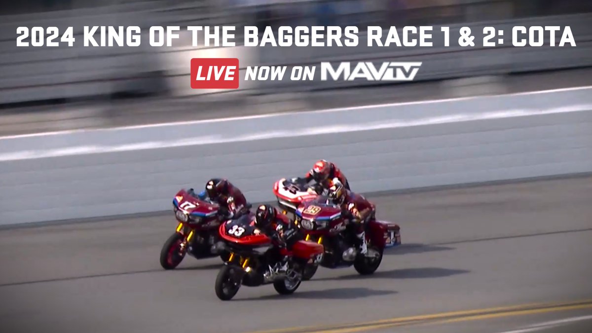 King of the Baggers is Live now at the Circuit of the Americas! LIVE Now 🏁Watch #MAVTV - Link in bio @MotoAmerica #Motoamerica #KingoftheBaggers #COTA #KyleWyman #TroyHerfoss #Motorsports