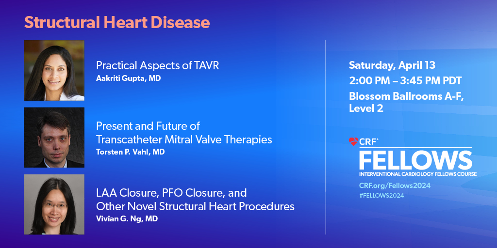 🎓 Join masters in #structuralheart disease as they cover the practical aspects of #TAVR #TMVR #LAAC #PFOClosure and other novel procedures. Session begins at 2:00 PM PDT. Don't miss out! #Fellows2024 💡 @NiratBeoharMD @aakriti_15 @DrVivianNg @atunuguntla1