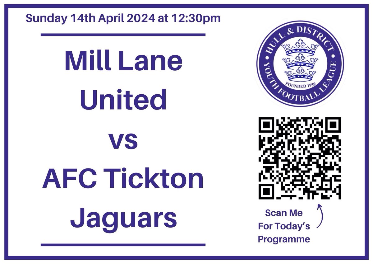 CUP FINALS Second game of the day, is the Under 14 Bridge Cup kicking off at 12.30am All welcome to come and watch some great football Entry Fee is £2 per adult/ £1.00 concessions and Under 16 free Follow the QR code to access the programme