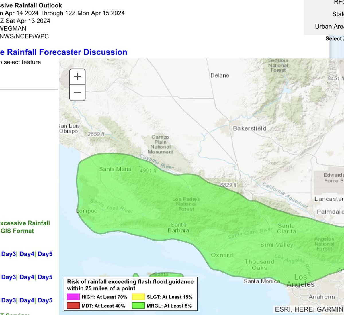 Saturday, April 13, 2024, 1:30 PM PDT: The excessive rainfall outlook has now expanded from Santa Maria to  Western Los Angeles County for flooding Issues in the next 36 hours. #Californiastorms #April #ElNino #CAwx