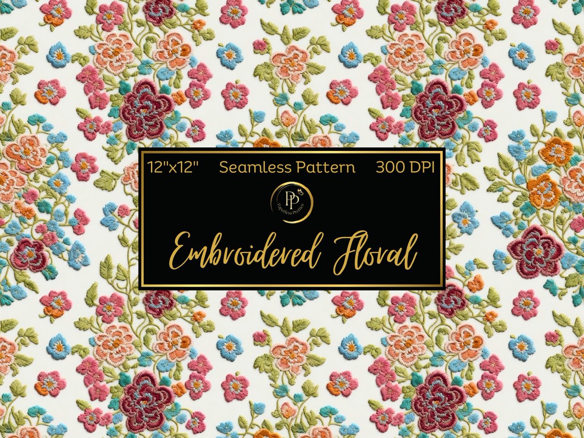 Faux Embroidered Floral Seamless Pattern, repeat pattern, Digital paper,  Digital Download, JPG file, Unlimited Commercial use tuppu.net/4152de5 #Etsy #PaperlessPrettiesArt #DecoupagePaper