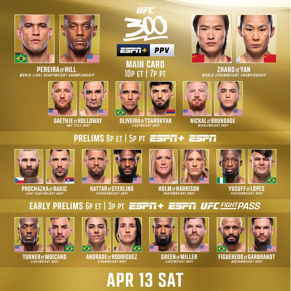 danawhite's tweet photo. #UFC300 early prelims are LIVE in 30 minutes on @hulu, @espn, and @ESPNPlus! https://t.co/9LJ9QiXRyD