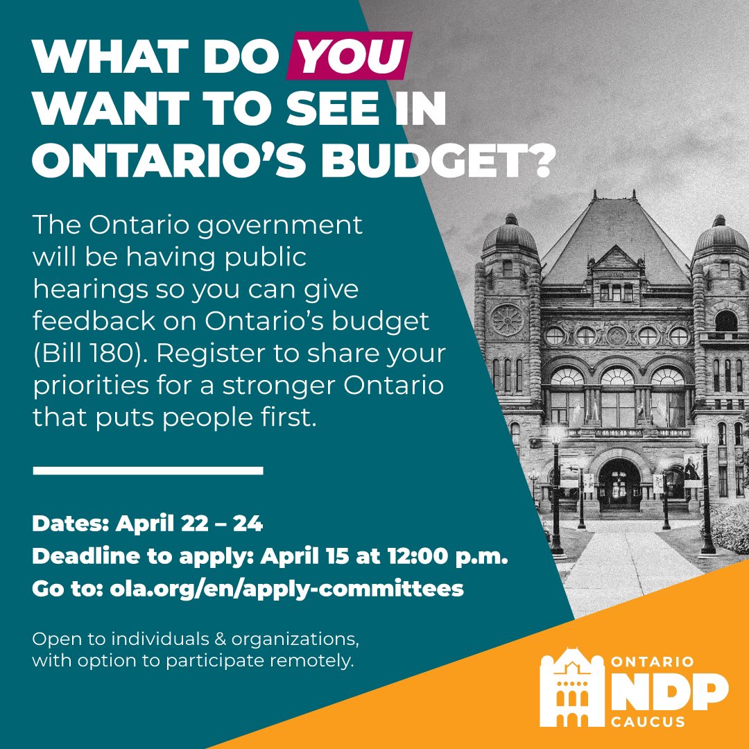 There is an opportunity to provide input concerning Ontario’s budget. Hearing dates: April 22 – 24 Please apply to present before the deadline. Deadline to apply: April 15 at 12PM Go to: ola.org/en/apply-commi…