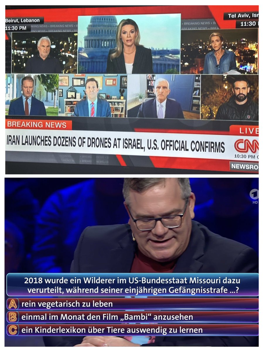 Kurz vorm dritten Weltkrieg - CNN macht ein Split Screen mit seinen Experten überall vor Ort. Die ARD lässt die Gameshow weiter laufen. #Israel