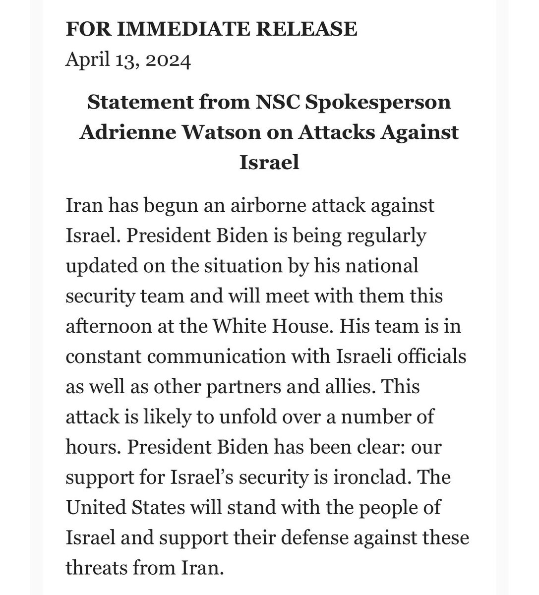 Iran launches dozens of drones against Israel. Here is the NSC’s statement regarding this attack: