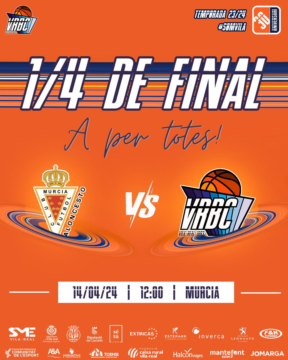 VilarealBC's tweet photo. 🔥 𝟏/𝟒 𝐝𝐞 𝐟𝐢𝐧𝐚𝐥!

👉 El Sènior Nacional comença la lluita per l’ascens!

🆚 @RMUBaloncesto
🗓️ Diumenge 14/04
⌚ 12.00 hores
🏟 Múrcia

💪 A per totes!

#SomVila💪🏀🧡💙

@SMEVILAREAL #EndavantEsports #JuntsSomMesForts #CSescenariodeportivo https://t.co/WBhJ7T4zhj