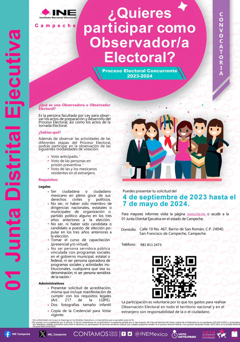 INE_Campeche's tweet photo. La Vocalía de Organización Electoral de la 01 JDE del INE Campeche realiza acciones de difusión de la Convocatoria de Observador/a Electoral del Proceso Electoral Federal Concurrente 2023-2024, mediante la cual se señalan los requisitos para obtener la acreditación, ¡#Revísala! https://t.co/3bf1MDb7ej