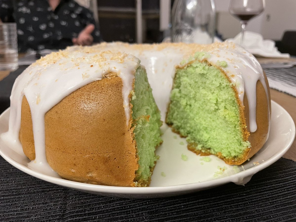 Pandan Chiffon cake with coconut cream and toasted desiccated coconut