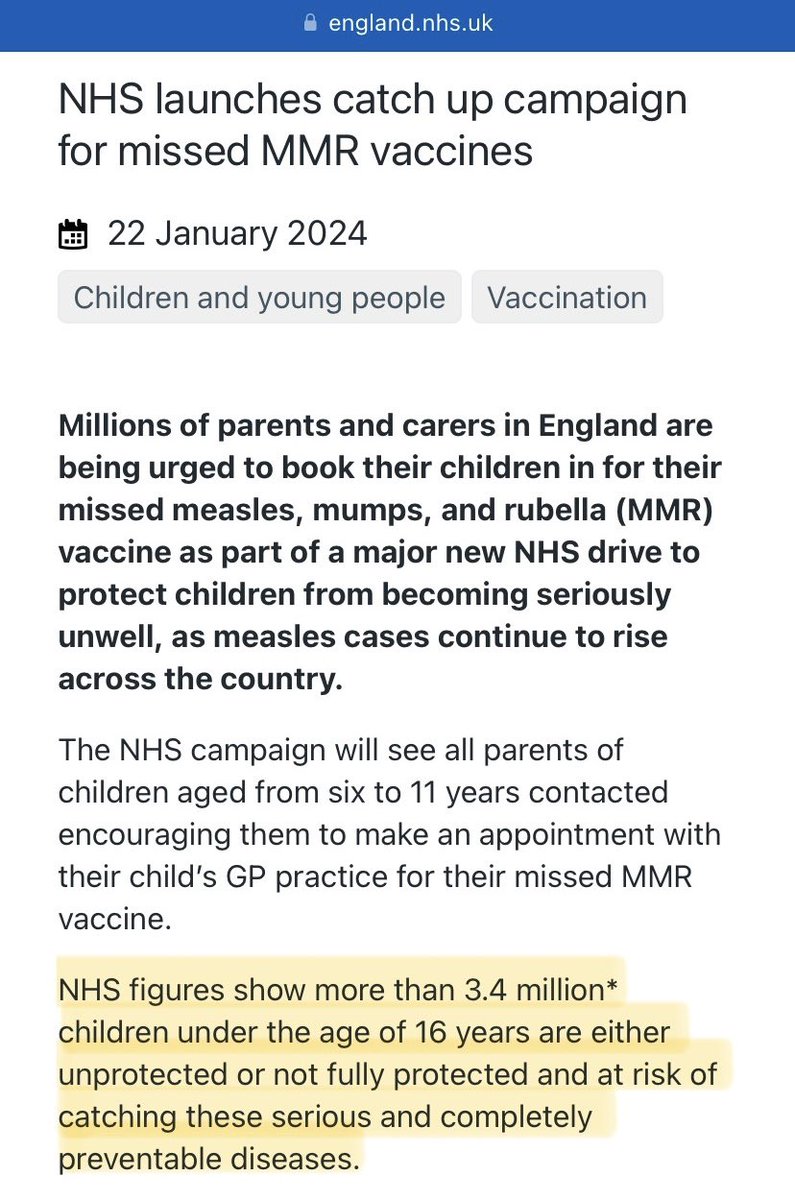 @1goodtern The NHS recently published statistics revealing exactly how many children under 16 years old in England are unvaccinated (or under-vaccinated) against measles: 📍At least 3.4 MILLION!!! 😳 england.nhs.uk/2024/01/nhs-la… More info in the thread below ⬇️