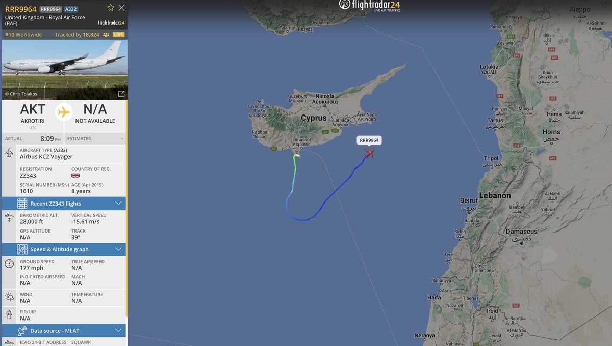 #RAF KC2 voyager seen on the flight radar having departed from akrotiri, the aircraft with potential to be supporting and providing AAR duties for fighter aircraft. #RRR9964 #43C700