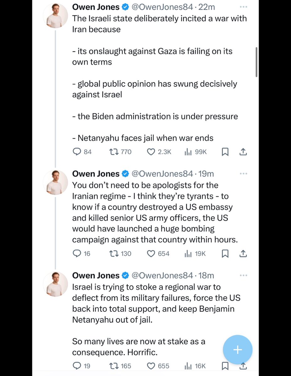 Another way to look at it would be to acknowledge and understand that the Iranian regime trains, arms and funds Hamas, and that October 7th was very much due to the Iranian regime. But that would require Owen having a worldview in which Israel *isn’t* the ultimate evil.