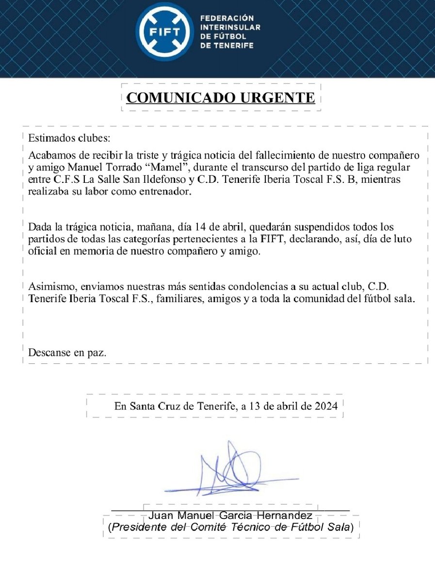 Desde la Federación Interinsular de fútbol de Tenerife se informa de la suspensión de la actividad para este domingo en todas las categorías en su ámbito.