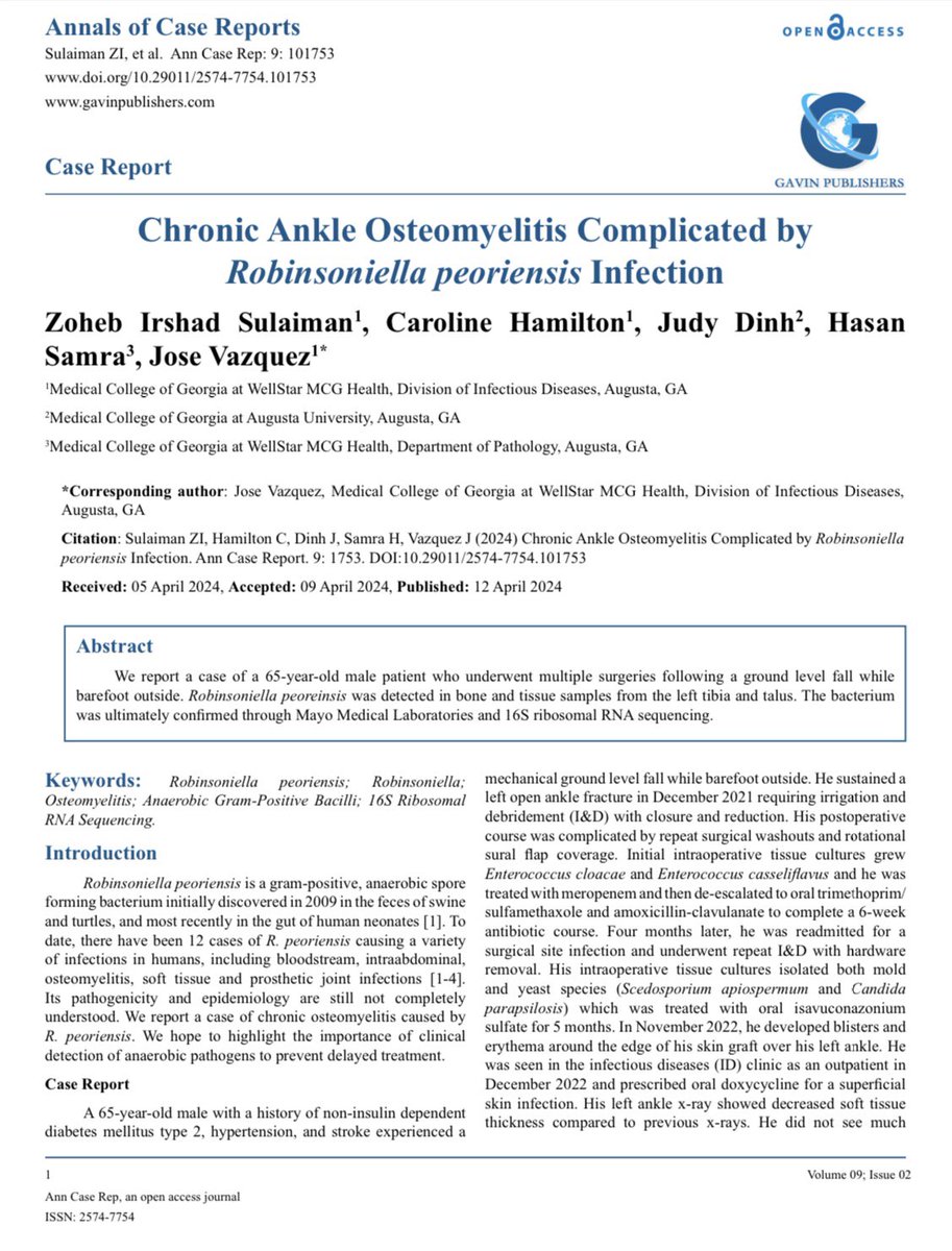 Check out our manuscript about Robinsoniella osteomyelitis in the Annals of Case Reports @Gavinjournals #IDTwitter #IDFellowship 🦴🦠🙏🏽 gavinpublishers.com/article/view/c… @caroladele @DinhJudy @Has_Sam90 @Dr_joeID @MCG_AUG @mcg_id @WellstarHealth