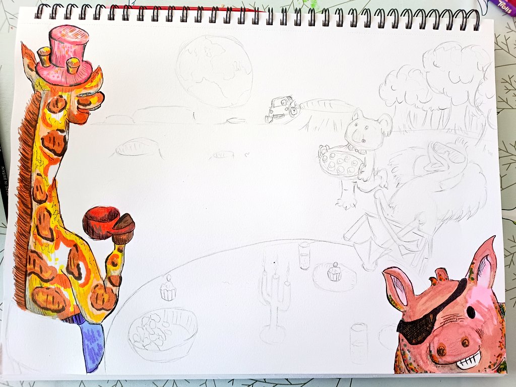 I drew a pirate pig...And a giraffe in a top hat drinking tea...

Trying to make a larger pic with some random creatures having a tea party. The tea party is on the moon.

Coming together nicely.

Thinking of making a separate art account...