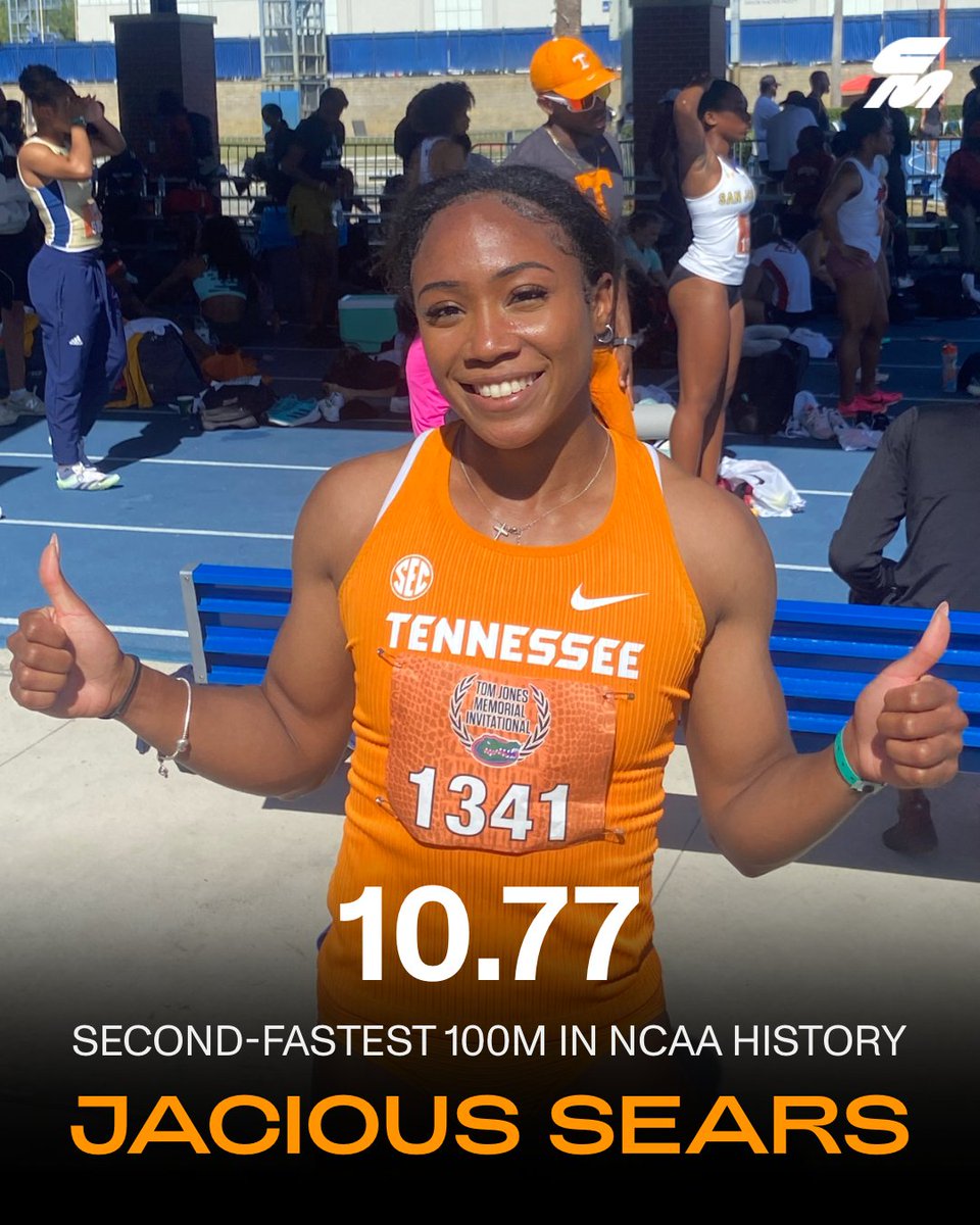 10.77 FOR 100M! NO. 2 IN COLLEGIATE HISTORY! @Vol_Track's Jacious Sears just stunned us with a 10.77 (1.6 m/s wind) at the Tom Jones Memorial Invitational in Gainesville, Florida. WOW!!!