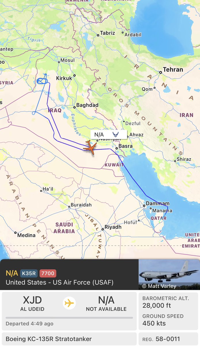 The U.S. Air Force KC-135R Aerial-Refueling Tanker over Iraq is now Squawking “7700” on its Transponder, possibly indicating some kind of Emergency.