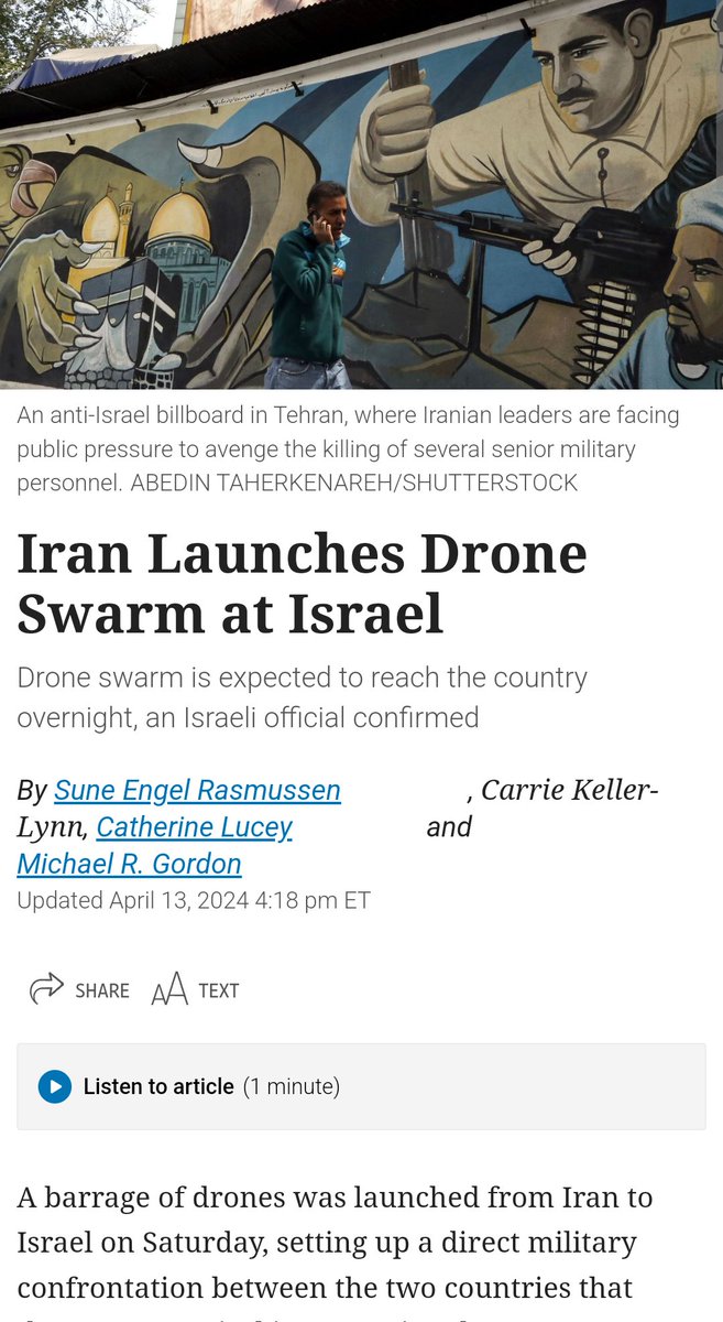 Well this is an interesting development. Mark my words if this leads to a full scale war between Israel & Iran do not be surprised if the Biden administration launches conscription to force Americans to die for Israel. wsj.com/world/middle-e…