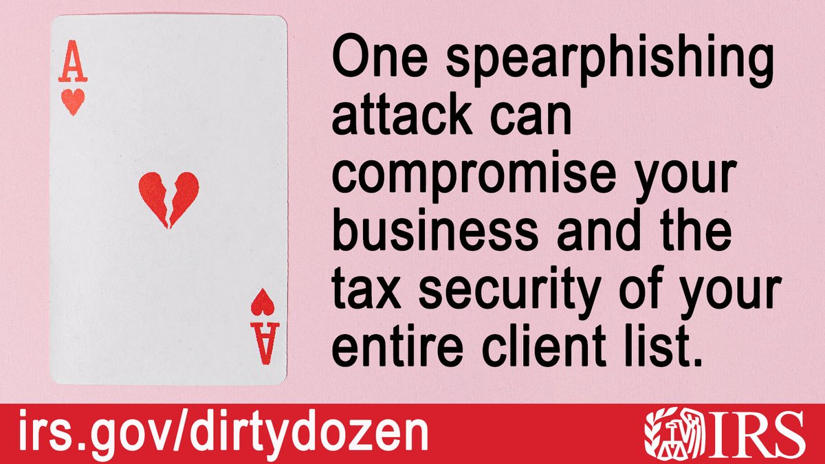 #IRS reminds #TaxPros and business owners that they remain prime targets for identity thieves through spearphishing scams. For your #TaxSecurity, get the details on this Dirty Dozen scheme at ow.ly/IFwc50RbyR9