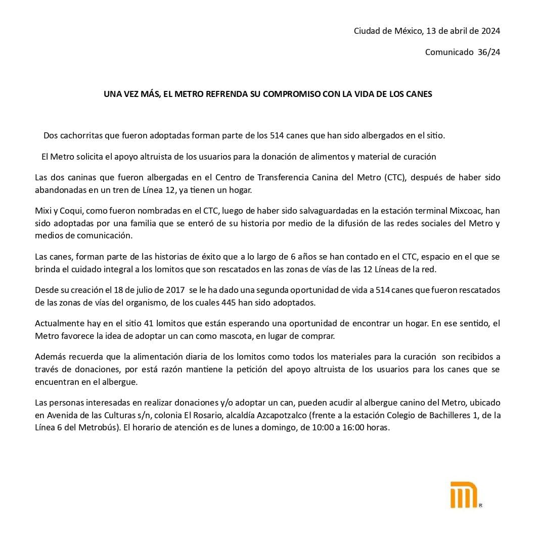 MetroCDMX's tweet photo. Una vez más, el Metro refrenda su compromiso con la vida de los canes https://t.co/WPCtjnTOWD