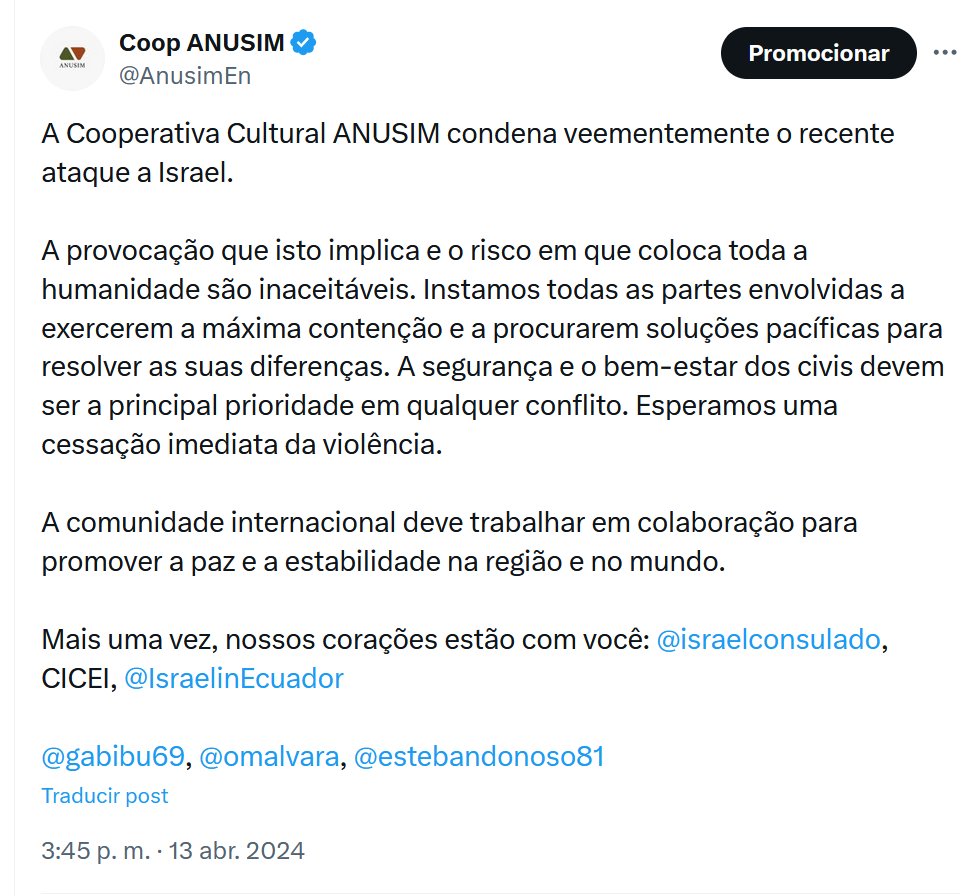 AnusimPT's tweet photo. A Cooperativa Cultural ANUSIM condena veementemente o recente ataque a Israel.

A provocação que isto implica e o risco em que coloca toda a humanidade são inaceitáveis.

@omalvara, @estebandonoso81, @gabibu69, @AnusimEn https://t.co/mOkVr88Xsk