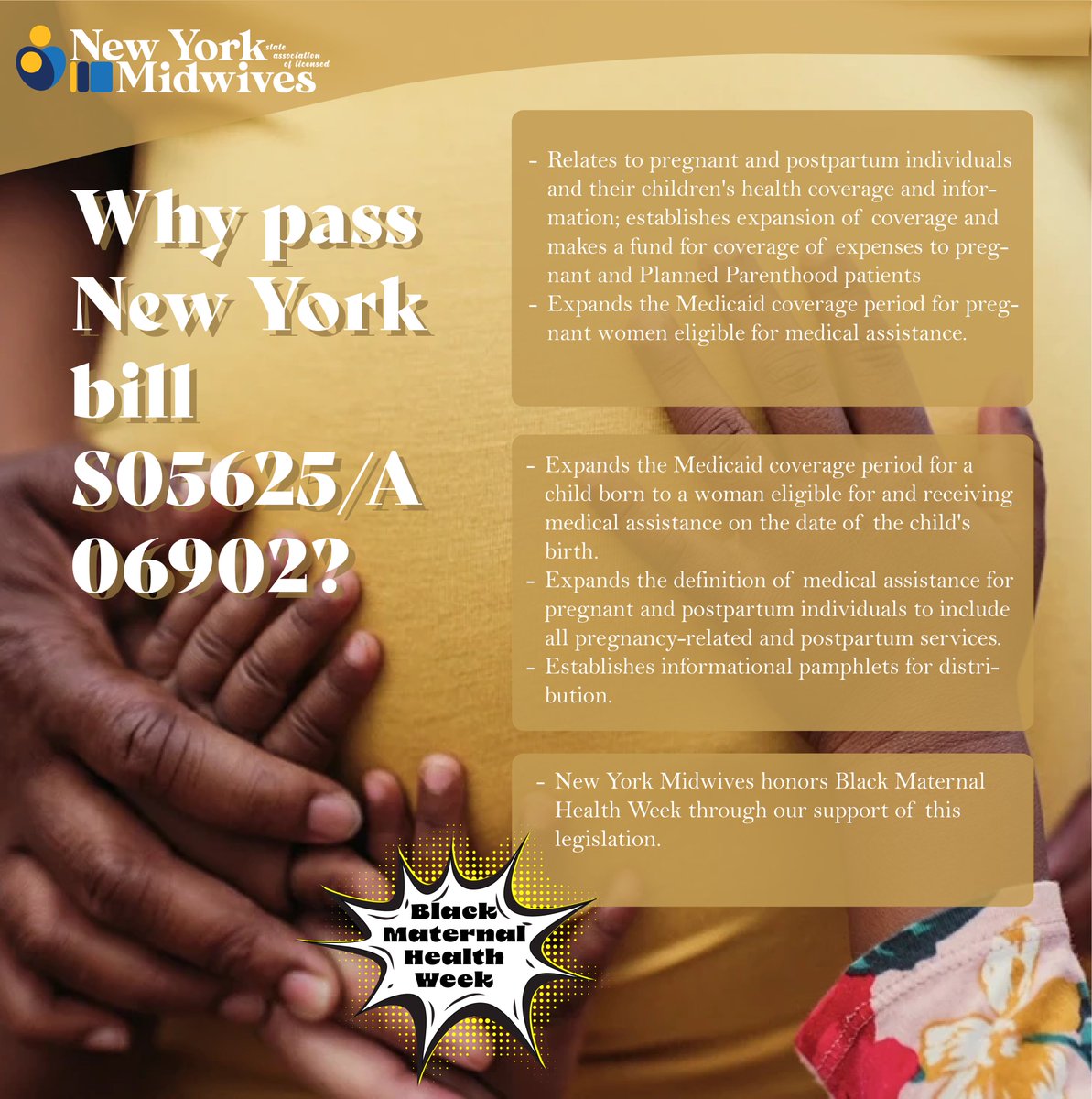 Bill S05625/A06902 is one of many bills New York Midwives is lobbying for during our annual Advocacy Day event purposefully scheduled during Black Maternal Health Week! #BMHW24