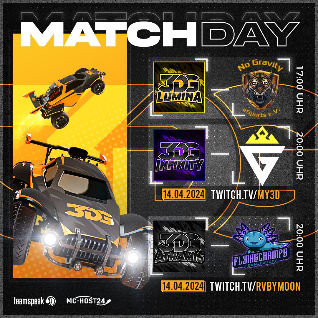 Am Sonntag gibts ne Tüte Buntes!

⚔️ 3DG Lumina vs No Gravity e-Sports e.V.
⚔️ 3DG Infinity vs <a href="/godalions/">Godalions</a> 
⚔️ 3DG Atramis vs @flyingchamps_eV 
🗓️ Sonntag, 14.04.2024 - 17:00 &amp; 2x 20:00Uhr
🎙️ <a href="/Rvbymoon_/">Rvby</a> &amp; SoDerFreddy 
🔴 LIVE auf twitch.tv/my3d &amp; twitch.tv/rvbymoon