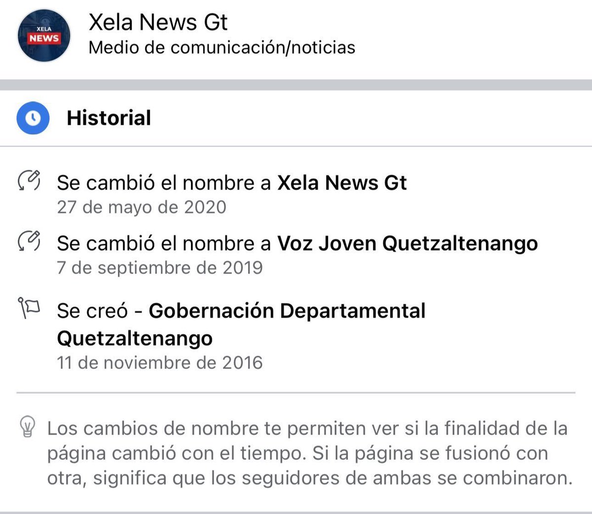 @rebkrriaza Esa cuenta fue creada como 'Gobernación Departamental Quetzaltenango', pero cambió su nombre a 'Xela News Gt' en 2020, pocos días después de que fue nombrado gobernador Erick José Mario Tzún De León.