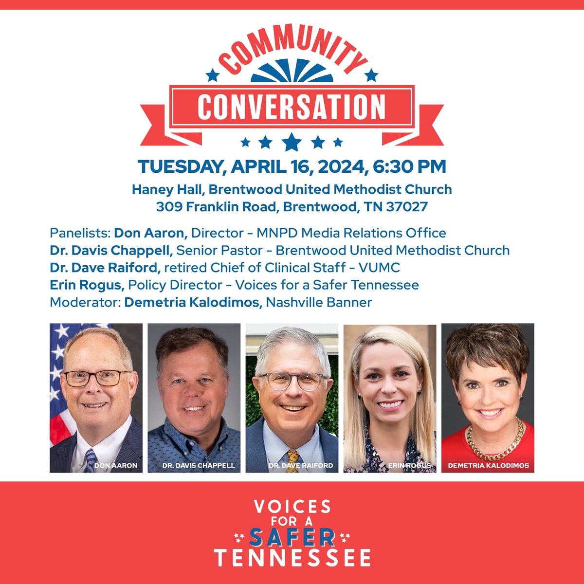 TENNESSEE 🎉🎉Please join us in person or LIVE next Tuesday, April 16th in Brentwood at 6:30 PM CT/ 7:30ET as we hold a Community Conversation at Brentwood United Methodist Church. Together, we are taking steps towards a #SaferTN. Register here: safertn.org/events/