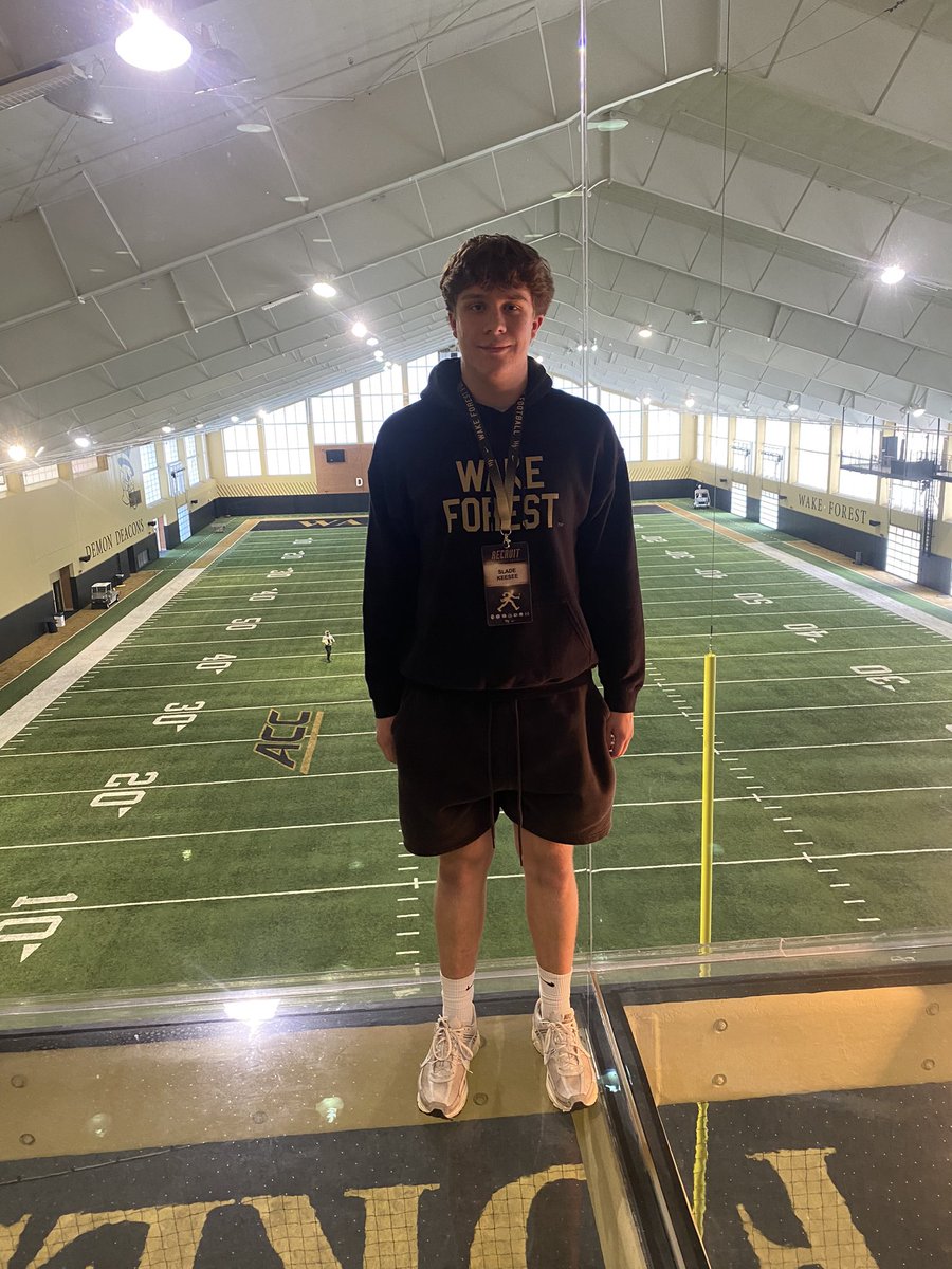 sladeykeezy's tweet photo. Had a great time down in Winston-Salem yesterday! Thank you @WakeFB for having me down to watch practice and tour the facilities. Go Deacs! @WayneLineburg @CoachCohenWake @CoachClawson @Glenn_Spencer @CoachCoryMartin @RussKieselhorst @Coach_DElson @WF_FBRecruiting https://t.co/q5dYgXky76