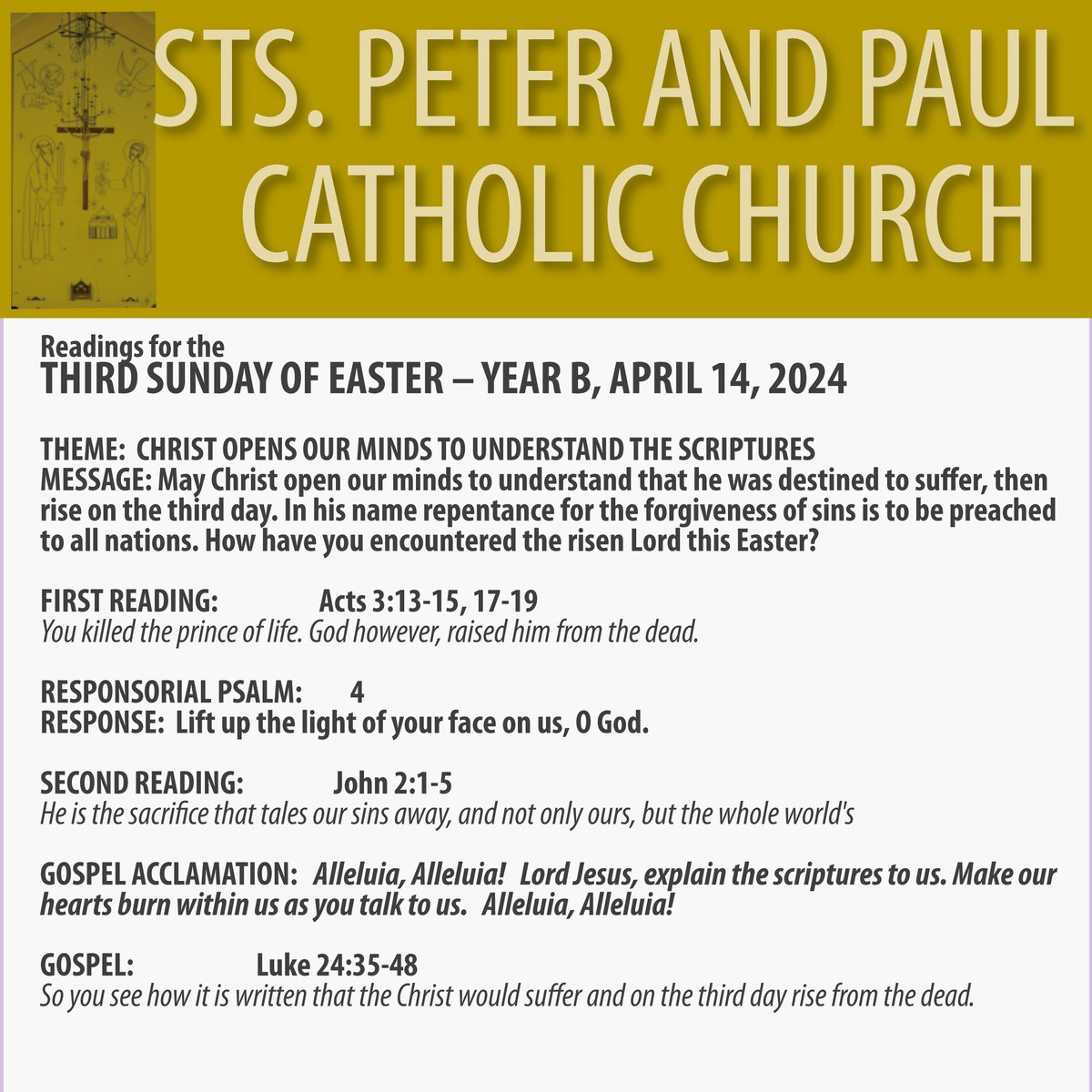 Reading for the THird Sunday of Easter , Year B, April 14, 2024