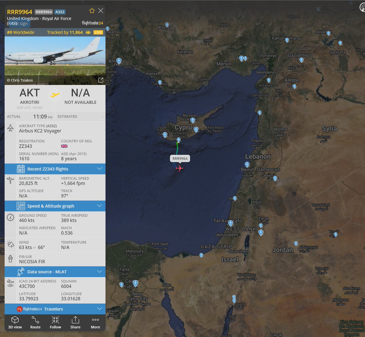 A Royal Air Force tanker departing from RAF Akrotiri and heading east.