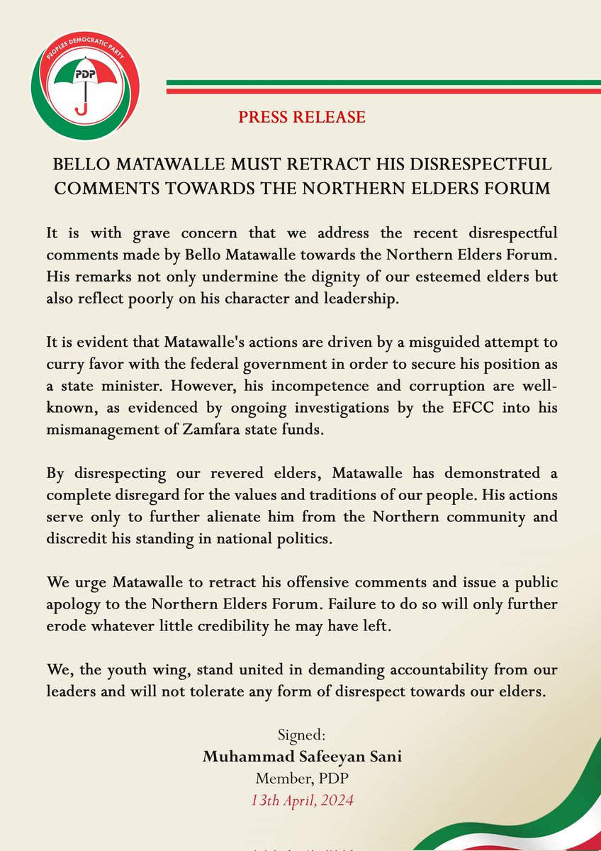 Press Release: Bello Matawalle Must Retract Disrespectful Remarks towards Northern Elders Forum. We Demands Accountability.