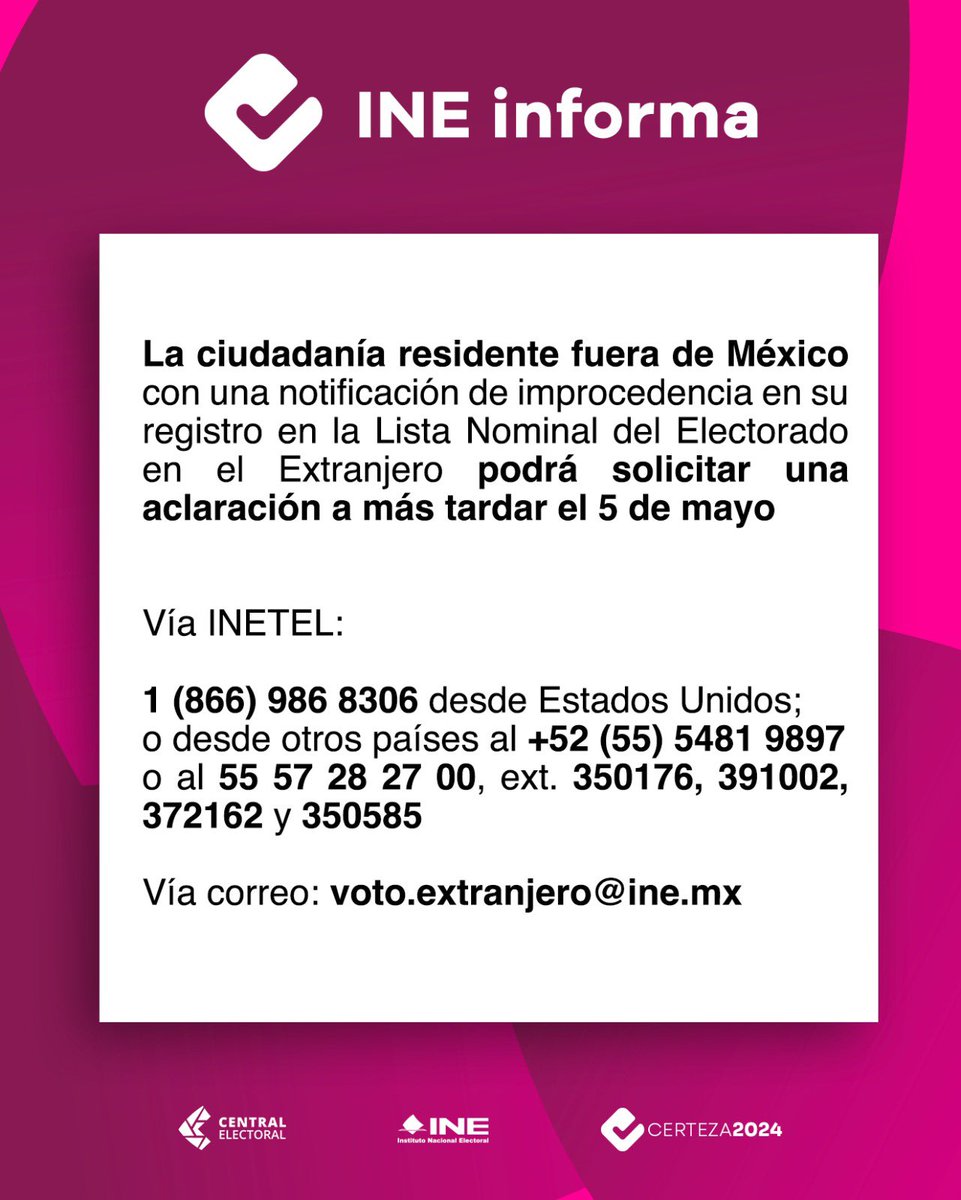 #INEInforma | El @INEMexico detectó algunas inconsistencias en diversos registros del voto de las y los mexicanos desde el extranjero y notificó a quienes están en este supuesto sobre la improcedencia de su registro. #CertezaINE2024