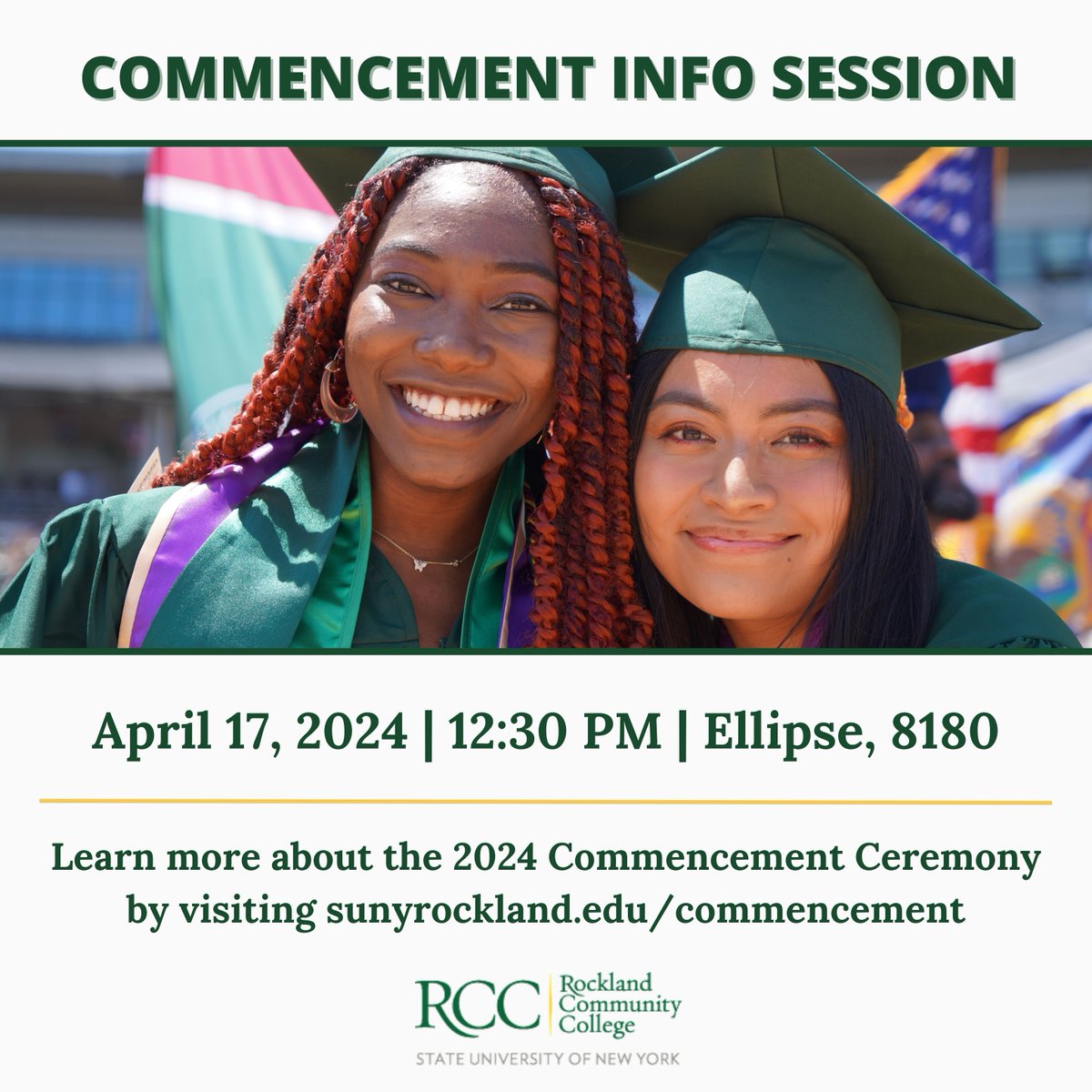 Commencement is around the corner and there are many things to do! Please join us for a commencement information session on April 17th to learn about the Ceremony logistics, graduation photos, regalia (cap & gown), and more. Learn more at on our site, sunyrockland.edu/media/commence….