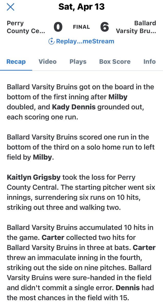 Birthday girl ⁦<a href="/le_milby1/">Mikayla Milby</a>⁩ went 3 for 3 with a dinger and a double!  ⁦<a href="/RyleeCarter18/">Rylee Carter</a>⁩ had 2 hits herself &amp; collected 15Ks. ⁦<a href="/abbyguinnnn/">Abby Guinn</a>⁩ &amp; ⁦<a href="/kierstynsmith9/">Kierstyn Smith</a>⁩ both tripled as the Bruins took the win against Perry County Central.