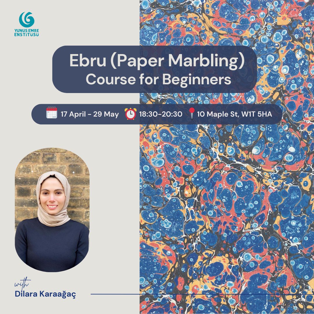 🎨 Dive into the captivating world of Turkish Ebru Artwork with our immersive 7-week paper marbling course! Led by esteemed instructor Dilara Karaağaç! 🗓️Wednesdays, 17th April – 29th May 🕡6:30 – 8:30 pm 📅7 weeks 📍10 Maple Street W1T 5HA 🔗 yeelondon.org.uk/courses/paperm…