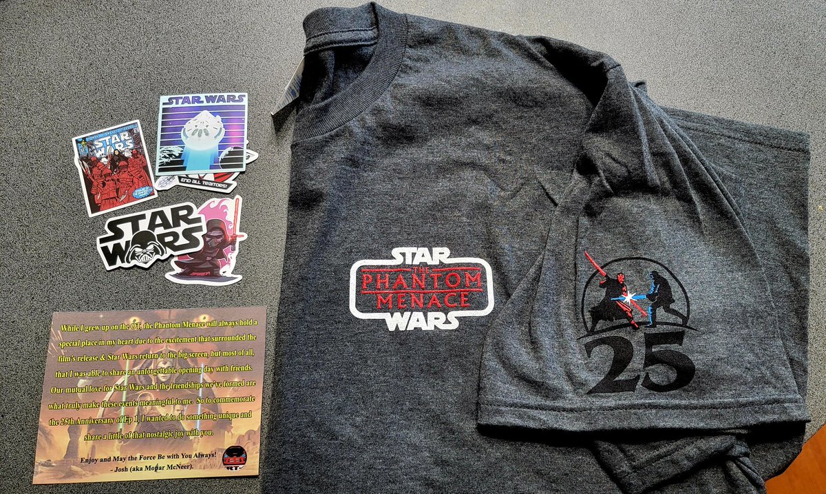 Big thanks to @Mopar_McNeer for making and sending this sweet 25th anniversary, Star Wars The Phantom Menace shirt!! Also included were some stickers and a kind note! Thank you, my friend, I'll wear it with pride! #starwars #PhantomMenance