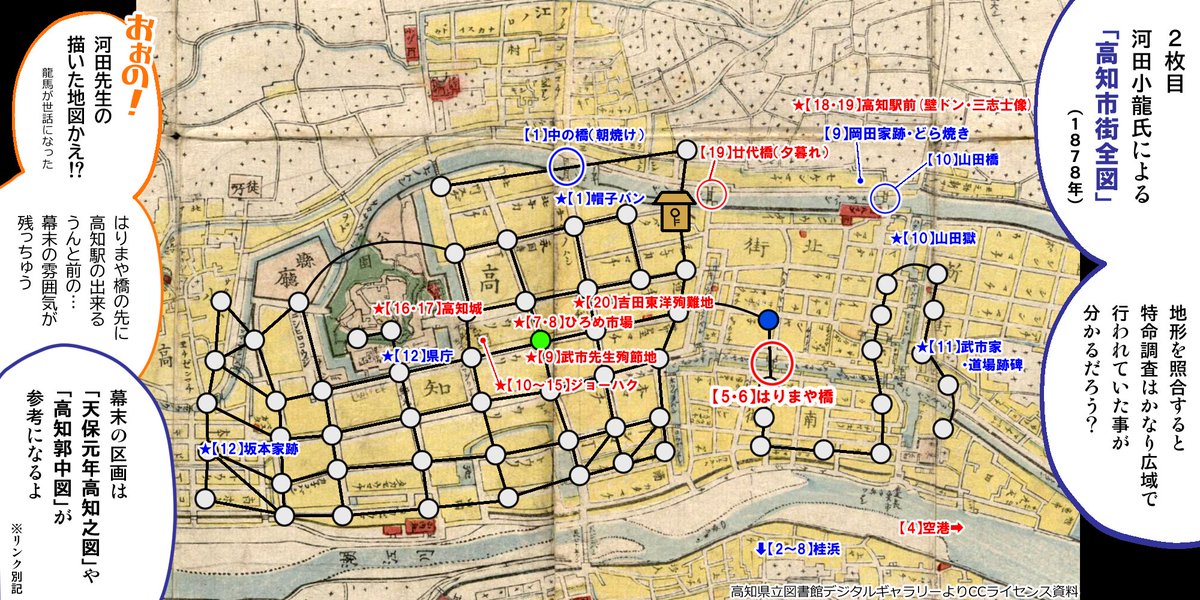 13】特命調査 文久土佐藩マップ検証 実際の高知市街と照合。旅の 13】特命調査 文久土佐藩マップ検証 実際の高知市街と照合。旅の