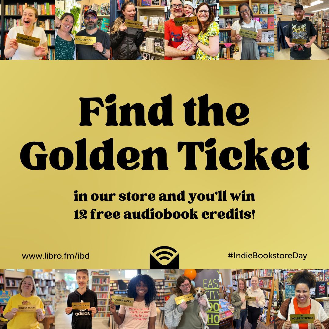 We're thrilled to be participating in @librofm's popular ✨Golden Ticket Giveaway✨!

On #IndieBookstoreDay, April 27, visit us and search for the Golden Ticket. 👀 If you find it, you win 12 FREE audiobook credits!

Mark your calendars, y'all. 🥳 #LibrofmGoldenTicket