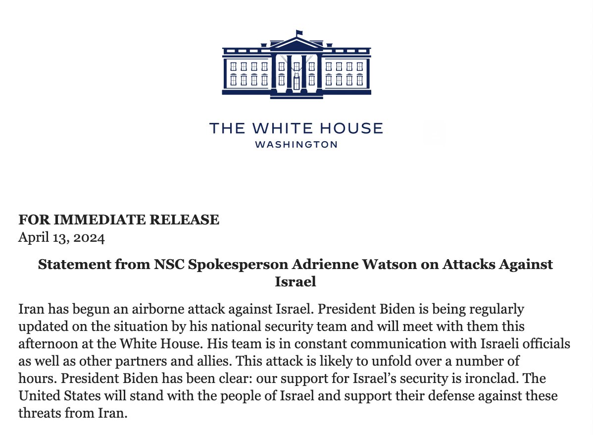 The White House released a statement reiterating the U.S.'s 'ironclad' support for Israel, amid reports that Iran has launched a drone attack on Israel. 'The United States will stand with the people of Israel and support their defense against these threats from Iran,' the…