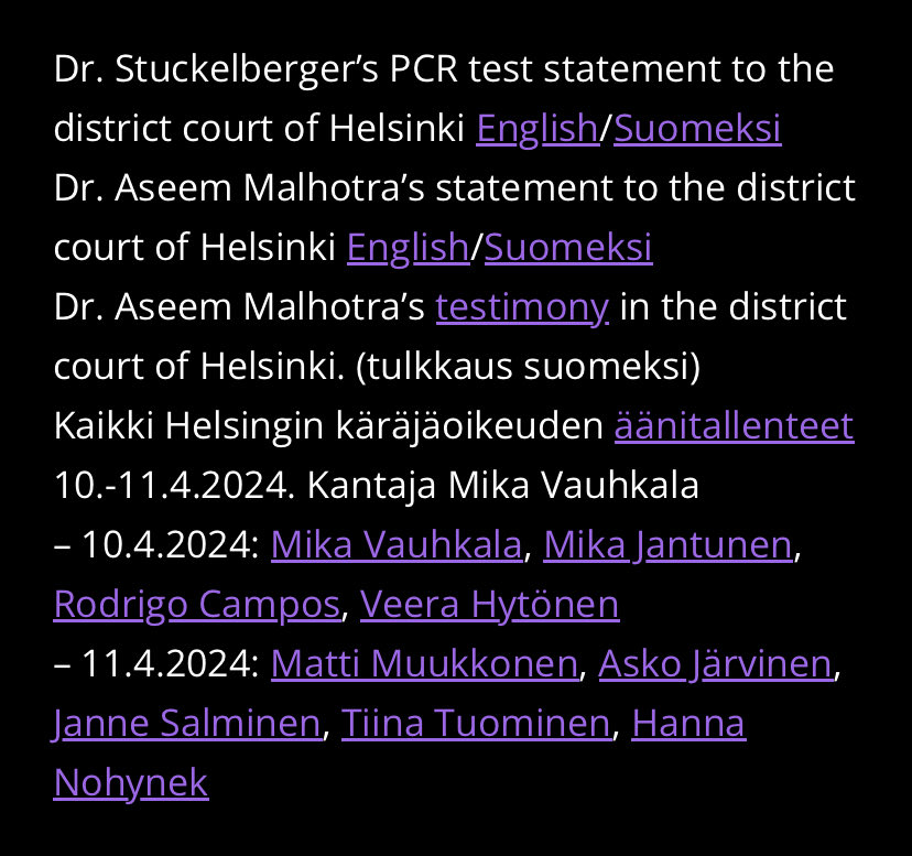 🚨Case: Covidpass 🇫🇮

Rokotetut ja rokottamattomat❤️

Kaikkien todistajien sekä asiantuntijoiden kuulemiset kukin erikseen saatavilla

Stuckelbergerin PCR testi- ja Malhotran rokotelausunto kirjallisina

casecovidpass.com 

#suomi #helsinki #oikeus  
#casecovidpassdotcom